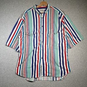 VTG Page 1‎ Stripe Shirt L White Red Blue Green Vertical 2 Pocket Cotton Casual